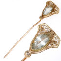 Gold Stick Pin with Aquamarine Jewel - Pin with Close Up