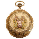 14K Solid Gold 18s Scalloped Box Hinge Hunting Pocket Watch Case featuring Stag