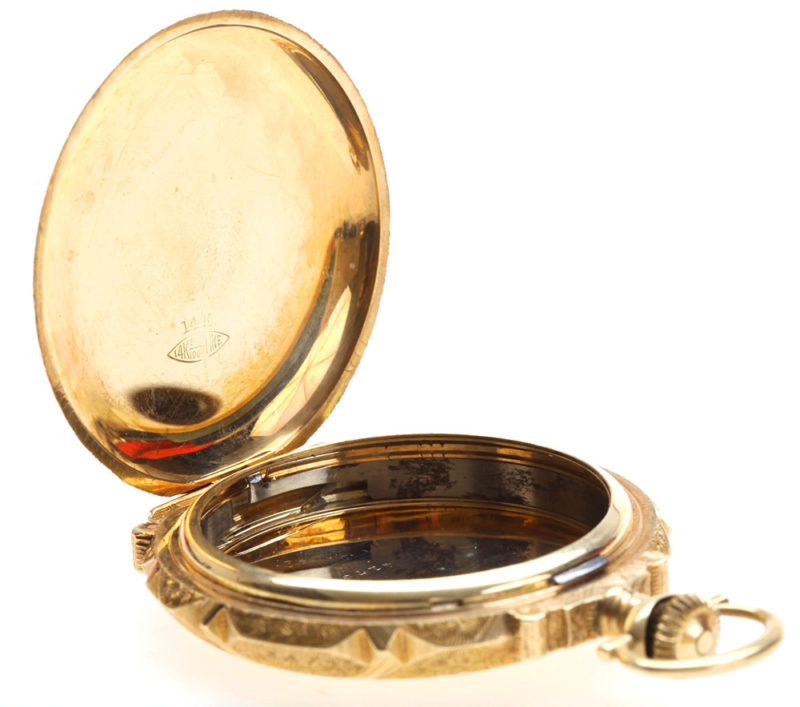Solidarity 14K Multicolor Gold 18 Size Scalloped Box Hinge Hunters Pocket Watch Case featuring Stag