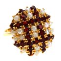 Pearl Cluster Ruby Grid 14K Gold Ring 