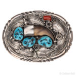 Sterling Silver, Navajo Turquoise Coral Bear Claw Belt Buckle signed M Thomas JR