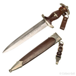 Complete SA dagger with scabbard, original leather hanger, and DRGM-stamped clip.