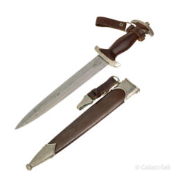 Complete SA dagger with scabbard, original leather hanger, and DRGM-stamped clip.