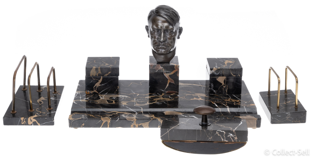 Antique Art Deco marble desk set featuring a bronze bust of Adolf Hitler by Wilhelm Zoll, with black and gold-veined marble inkwells, letter holders, and a stamp press