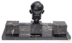 Antique Art Deco marble desk set featuring a bronze bust of Adolf Hitler by Wilhelm Zoll, with black and gold-veined marble inkwells, letter holders, and a stamp press