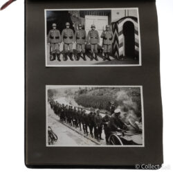 WWII German Wehrmacht photo album page featuring historical photographs of the 1939 Polish Campaign, Wehrmacht leadership, soldiers in training, garrison life, and cultural moments