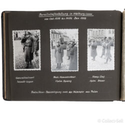 WWII German Wehrmacht photo album page featuring historical photographs of the 1939 Polish Campaign, Wehrmacht leadership, soldiers in training, garrison life, and cultural moments