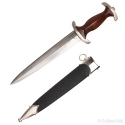 An authentic German NSKK dagger featuring a polished blade etched with ‘Alles für Deutschland,’ a dark-stained wooden grip with inlaid Nazi Party eagle and SA roundel, nickel-plated crossguards marked with ‘Wm,’ and a black anodized scabbard with nickel fittings and suspension ring