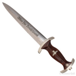 An authentic German NSKK dagger featuring a polished blade etched with ‘Alles für Deutschland,’ a dark-stained wooden grip with inlaid Nazi Party eagle and SA roundel, nickel-plated crossguards marked with ‘Wm,’ and a black anodized scabbard with nickel fittings and suspension ring