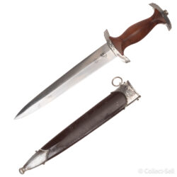 WWII German SA dagger with a polished wooden handle, featuring the SA emblem and eagle insignia, an etched blade with ‘Alles für Deutschland,’ and a brown anodized scabbard with nickel-plated fittings. Includes close-up views of the handle, blade inscriptions, maker’s mark (Carl Eickhorn Solingen), and scabbard.