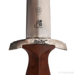 WWII German SA dagger with a polished wooden handle, featuring the SA emblem and eagle insignia, an etched blade with ‘Alles für Deutschland,’ and a brown anodized scabbard with nickel-plated fittings. Includes close-up views of the handle, blade inscriptions, maker’s mark (Carl Eickhorn Solingen), and scabbard.