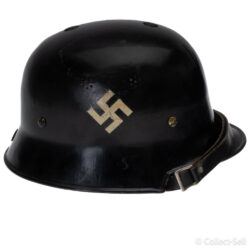 Side view of a black Civic M34 helmet with Swastika decal, WWII design, and ventilation holes