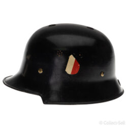 Side view of a black Civic M34 WWII helmet featuring a red-and-white shield decal