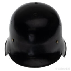 Front view of a black Civic M34 German helmet with ventilation holes and rounded profile