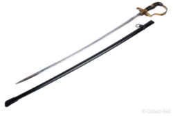 Full view of a WWII German Prinz Eugen Model 1765 ceremonial sword by Carl Eickhorn, with gilded brass hilt and black enamel scabbard.