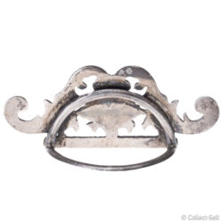 Reverse of antique silver menu holder showing structural support and patina