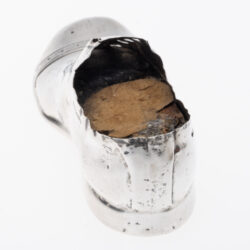 Heel View - Antique sterling silver pin cushion in the form of a gentleman’s shoe, hallmarked Chester c.1909, made by S. Blanckensee & Son Ltd with registered design number 548913