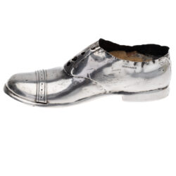 Side ViewAntique sterling silver pin cushion in the form of a gentleman’s shoe, hallmarked Chester c.1909, made by S. Blanckensee & Son Ltd with registered design number 548913.