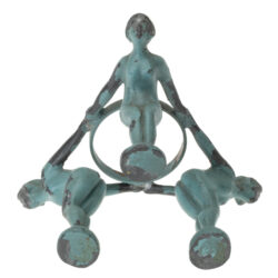 Three nude female figures in painted metal stand supporting uranium glass vase