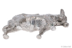 Back view of sterling silver donkey figurine, antique novelty silver ornament, assayed London 1924