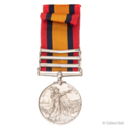 Queen’s South Africa Medal reverse showing Britannia directing troops under fire, Second Boer War medal.
