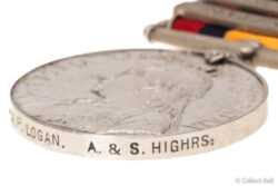 Rim engraving on Queen’s South Africa Medal reading “1917 Pte. P. Logan. A. & S. Highrs.”