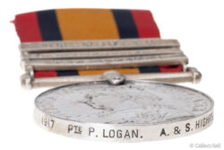 Rim engraving on Queen’s South Africa Medal reading “1917 Pte. P. Logan. A. & S. Highrs.”