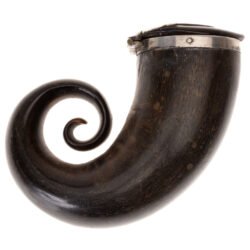 Antique Scottish ram’s horn snuff mull with spiral curl and silver-mounted lid